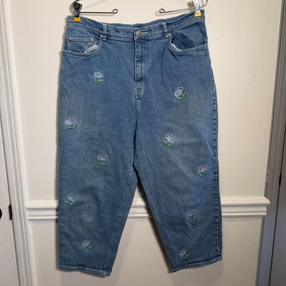 Quacker Factory Jeans Size 16 Blue Denim Hydrangea Floral Embroidered Stretch - Picture 2 of 11